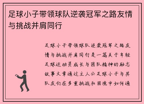 足球小子带领球队逆袭冠军之路友情与挑战并肩同行